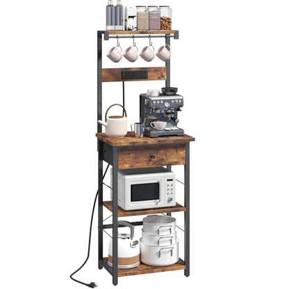 MAHANCRIS Bakers Rack with Drawer, Microwave Stand with Power Outlet, Coffee Bar Station with 4 Hooks, Kitchen Storage Shelf Rack 4 Tiers, for Kitchen, Dining Room, Rustic Brown and Black BRHR48E01 - color: Rustic Brown and Black
