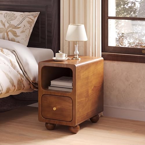Small Narrow Nightstand with Drawers, Solid Wood Nightstand, Walnut Night Stand, Mid Century Side Table, Modern Bedside Tables for Bedroom (10 inch) - style: Narrow Nightstand