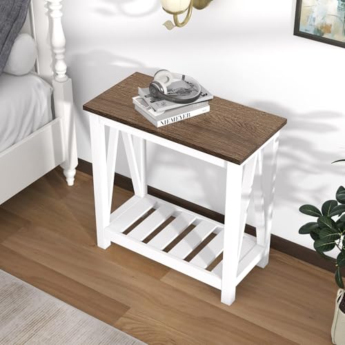 ChooChoo Farmhouse End Table, Narrow Side Table with Shelf | Slim Bedside Table ,Small Spaces, Rustic Nightstand, Living Room, Bedroom ,White - color: White, size: 1 Pack