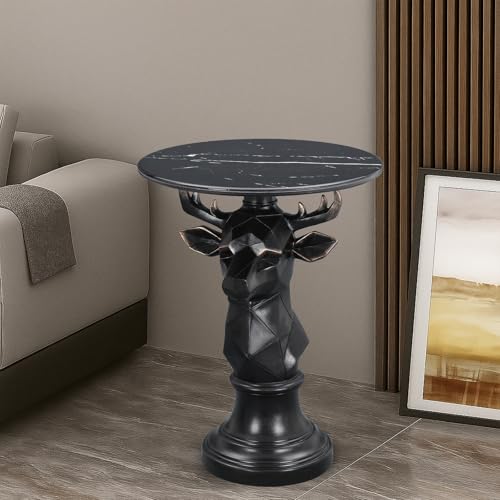 Modern Deer Head Sculpture Side Table, Round Metal End Table with Geometric Animal Base, Industrial Accent Table for Living Room, Bedroom, Office, Dark Bronze Finish - color: Deer - Black Geometric