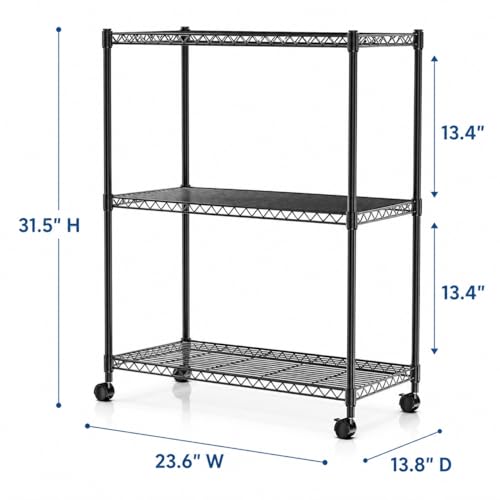 Simple Deluxe 3-Tier Heavy Duty Adjustable Storage Shelf with Wheels, 23.23”W x 13.39”D x 30.31”H, Mobile or Stationary Metal Shelving Unit, Easy Assembly for Kitchen, Pantry, Laundry Room, Black - size: 3-Tier, 23.23”W x 13.39”D x 30.31”H, style: 1 Pack