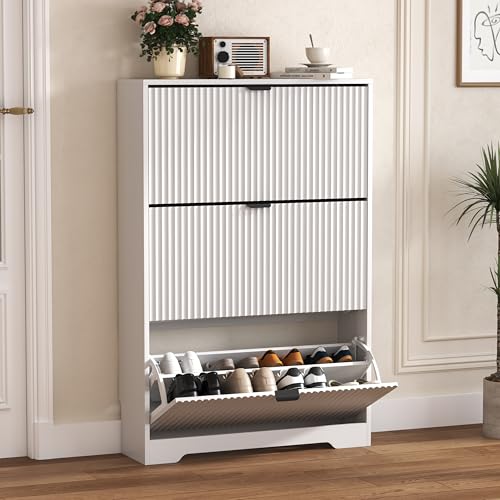 HUANLEGO Shoe Cabinet Storage for Entryway with 3 Flip Drawers, White Fluted Shoe Cabinet with Adjustable Shelves, Wooden Hidden Shoe Rack Freestanding Narrow Slim Shoes Storage for Hallway, Entrance - color: White, size: 3 Drawer