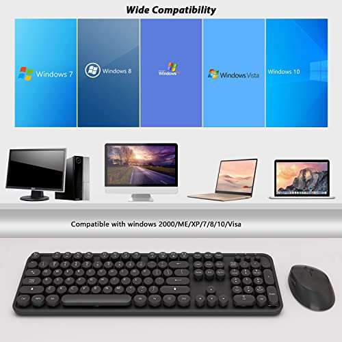 Wireless Keyboard and Mouse, KOOTOP Cute Black Keyboard and Mouse, 2.4G Wireless Keyboard with Retro Round Keycap for PC, Mac, Laptop,Tablet,Computer Windows (Black) - color: Black