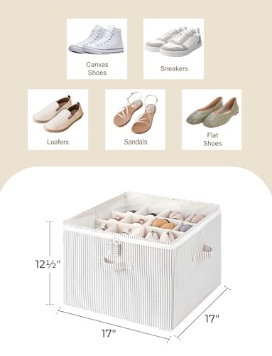 StorageWorks Shoe Organizer for Closet, Fits up to 16 Pairs, Shoe Cubby Storage Containers with Adjustable Dividers and Clear Cover, Khaki and Beige Stripes | Adjustable Dividers, Holds up to 16 Pairs, Foldable, Clear Lid, Soft Handles, Fits Sneakers, San