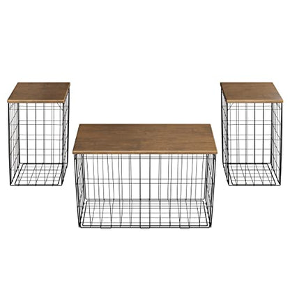 Lavish Home End Tables and Coffee Table Set of 3, Brown/Black | 31.5”/14.13” Foldable Living Room Tables with Metal Storage Baskets and Removable Lids, 2 Small Side and 1 Large Coffee Table - color: Brown Square 3