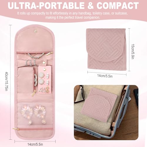 Travel Jewelry Organizer Roll – Foldable Jewelry Storage Bag for Rings, Necklaces, Earrings & Bracelets, Portable Mini Soft Pink Travel Jewelry Case for Women