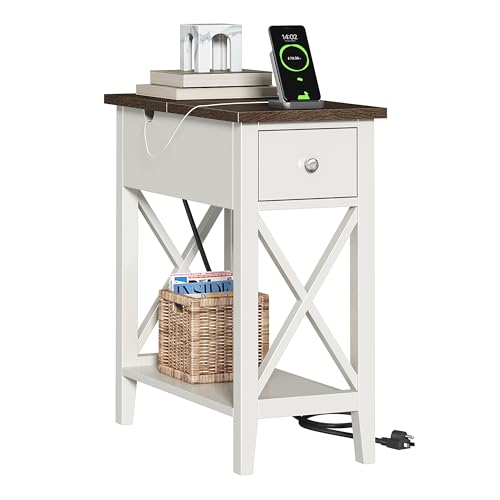 ChooChoo Farmhouse End Table with Drawer and Charging Station | Narrow Side Table with USB Ports and Outlets, Nightstand with Drawer, Bedside Tables for Living Room and Bedroom, Soft White - color: Soft White, size: 1 Pack, style: With Power