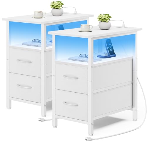 Vagusicc Set of 2 White Nightstand with Charging Station and LED Lights, Narrow Side Table, LED Night Stand with 2 Fabric Drawers, Bedside Table Small End Table, Tall Nightstand for Bedroom, White - color: White, size: 2, style: With LEDs