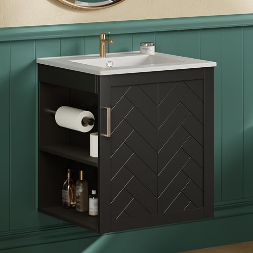 20 Inch Wall Mounted Bathroom Vanity with Sink Top,Small Floating Bathroom Vanity with Side Shelves & Toilet Paper Holder,Compact Storage with Soft Closing Door,Herringbone Front,Black - color: Black, size: 20 Inch(Wall Mounted)