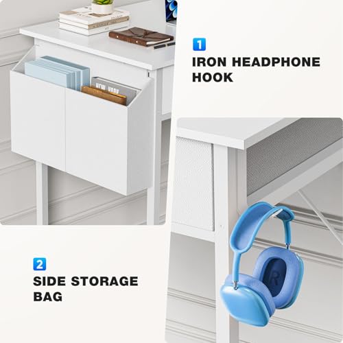 Anwick Compact Computer Desk with Storage Bag, Headphone Hook & Adjustable Feet - Modern Home Office Desk for Small Spaces, Bedroom or Study, Durable Metal Frame, Simple Design (White)