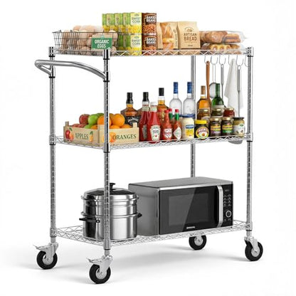 VEVOR Kitchen Utility Cart, 3 Tier Heavy Duty Adjustable Wire Storage Rack, Commercial Steel Rolling Service Trolley on Wheels, Work Table with Handle Bar, for Garage and Laundry Room, 35x17.8x40.9 in - size: 18"D x 35"W x 40.9"H Upgraded