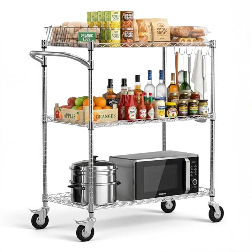 VEVOR Kitchen Utility Cart, 3 Tier Heavy Duty Adjustable Wire Storage Rack, Commercial Steel Rolling Service Trolley on Wheels, Work Table with Handle Bar, for Garage and Laundry Room, 35x17.8x40.9 in - size: 18"D x 35"W x 40.9"H Upgraded