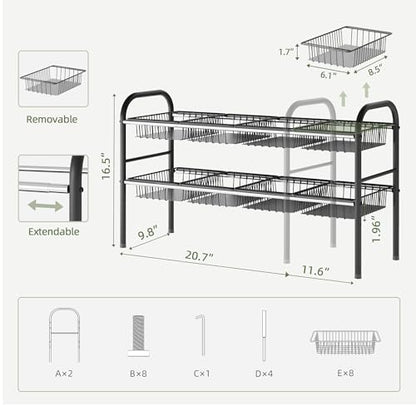 NETEL Under Sink Organizers and Storage, 2 Tier Expandable Under Cabinet Organizer Shelf with 8 Baskets, Expandable Shelf for Cupboard, Kitchen, Bathroom, Shoe Storage Rack - size: 8 Metal Baskets