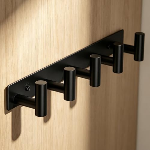 Black Coat Wall Mounted Rack with 5 Hooks, Coat Rack Hooks Suitable for Coats, Keys, Hats, Bags and Towels, Essential for Bathroom and Living Room Storage (1Pack)