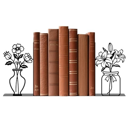Metal Bookends Flower Vase Book Ends for Shelves | Flower Bookends Decorative Unique Desk Bookend Black Book Stopper for Home Reading Bookshelf Decor Book Lovers Gift - style: Flower Vase