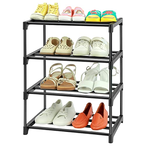 HITHIM 4-Tier Small Shoe Racks, Narrow Shoe Rack for 6-8 Pairs Shoe Storage,Kids Shoe Racks for Small Place,Lightweight Stackable Shoe Shelf Organizer for Closet,Black - color: Black, size: 4-Tier