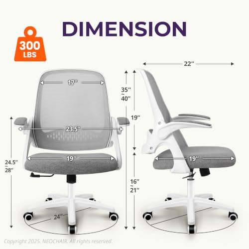 NEO CHAIR Office Desk Gaming Ergonomic Computer Chair with Lumbar Back Support Adjustable Height Swivel Rolling Wheels Flip-up Arms Mesh Chair for Home Vanity (Grey) - color: Grey
