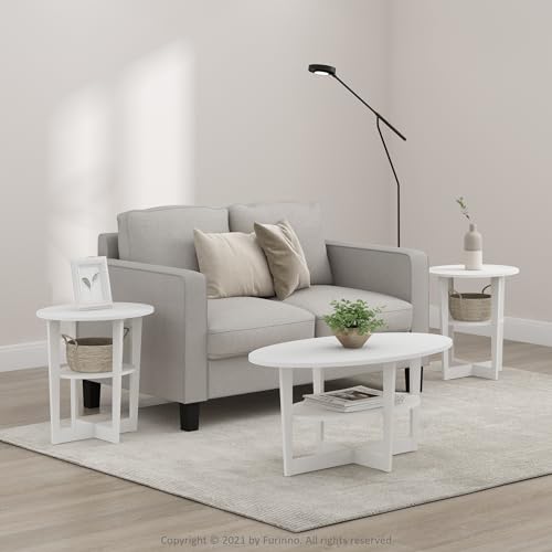 Furinno JAYA Side Table Set of 2, 2-Tier Round Modern End Table with Oval Tabletop, Night Stand, Bedside Table with Open Shelf, for Living Room, Bedroom, White - color: White, size: 2-Pack, 2 Tiers, Oval Panel