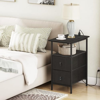 HOOBRO End Table with Charging Station, Narrow Side Table, Nightstand with 2 Non-Woven Drawers, Slim Sofa Side Table, for Small Spaces, Living Room, Bedroom, Black BB486UBZ01 - color: Black, size: 11.8"L x 18.9"W x 23.6"H