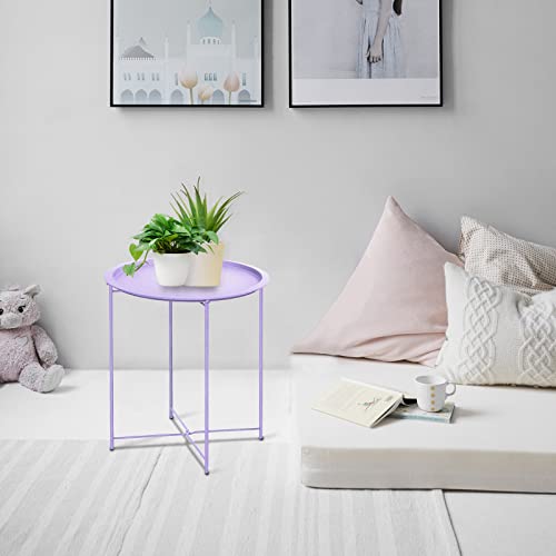Garden 4 you End Table Metal Side Table Purple Round Folding Tray Cyan Sofa Small Accent Fold-able Table, Round End Table Tray, Next to Sofa Table, Snack Table for Living Room and Bed Room - color: Purple