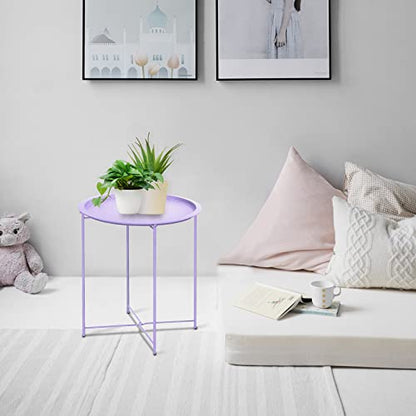 Garden 4 you End Table Metal Side Table Purple Round Folding Tray Cyan Sofa Small Accent Fold-able Table, Round End Table Tray, Next to Sofa Table, Snack Table for Living Room and Bed Room - color: Purple