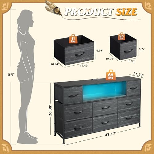 WLIVE Black Dresser TV Stand for 45, 50, 55 inch TV, Entertainment Center with LED Lights & Charging Station, Chest of Drawers with 8 Fabric Drawers and Open Shelves for Living Room, Hallway, Wood Top - color: Charcoal Black Wood Grain