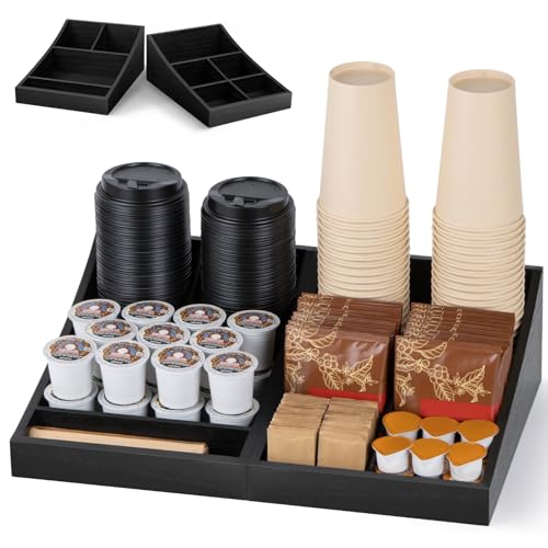 ANBOXIT Coffee Station Organizer for Countertop, Condiment Service Organizer, Coffee Bar Supplies Caddy for Home, Office and Breakroom - Wooden, Black, 9 Compartment, Two-in-One - size: Two-in-one (9 Compartment)