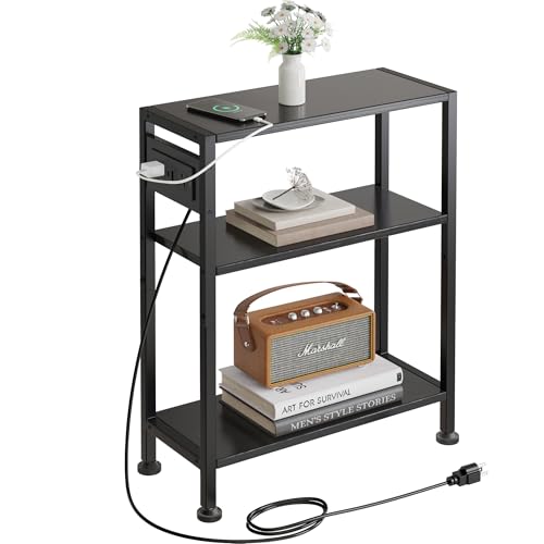 End Table with Charging Station, 3-Tier Side Table for Small Space, Skinny Nightstand with USB/Type C Port and 2 Outlets, Slim Sofa Beside Table for Living Room, Bedroom and Balcony, Black - color: Black