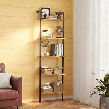 Acovy 5-Tier Bookshelf Solid Wood Ladder Shelf, Narrow Book Shelf Display Shelf, Wooden Bookcase, Wall Mount Ladder Shelf, Storage Rack for Living Room, Bedroom, Industrial Style, Rustic Brown - color: Rustic Brown