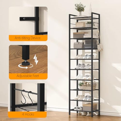 usikey 10 Tiers Narrow Shoe Rack 20-30 Pairs, Sturdy Metal Tall Shoe Rack Shelf with 4 Hooks, Slim Shoe Storage with Metal Shelf, Space Saving Vertical Shoe Organizer for Closet Entryway, Black - color: 10 Tier ( 17.9 X 11 X 69.2 Inches)-black
