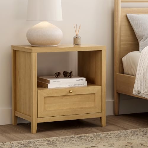 Modern Nightstand with Storage, Farmhouse End Table with Drawer Freestanding Wide Bedside Table for Living Room Bedroom Sofa, Natural Oak - color: 1 Drawer/Natural Oak, size: 1PC
