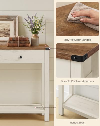 VASAGLE LIRY Collection Narrow Console Table with 3 Drawers | Long Sofa Table with Storage Shelf, Honey Brown and Rustic White, 9.4 x 63 x 29.9 Inch, ULNT148W101 - color: Honey Brown + Rustic White, size: 9.4"D x 63"W x 29.9"H