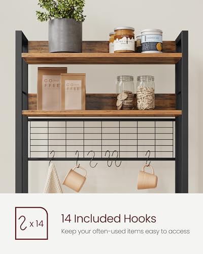 VASAGLE Bakers Rack with Power Outlet, Microwave Stand, Kitchen Tall Utility Storage Shelf, with Metal Wire Panel, 14 Hooks, 15.7 x 23.6 x 66.9 Inches, Rustic Brown and Ink Black UKKS037B01 - color: Rustic Brown + Ink Black, size: 23.6"W