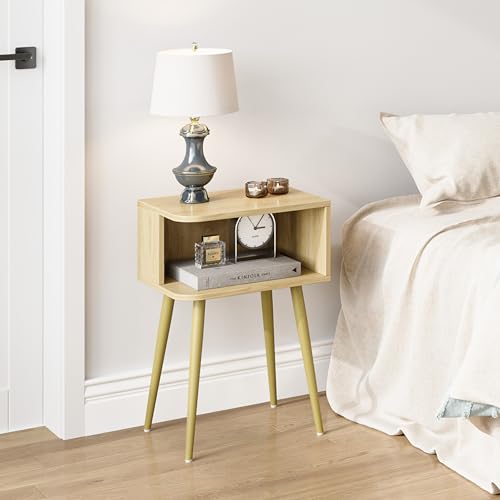 Natural Nightstand Set of 2, Small Bed Side Table for Small Spaces, Mid Century Modern Nightstand End Table with Open Storage, Side Table for Bedroom Living Room, MLBZ20Y-2 - color: Natural