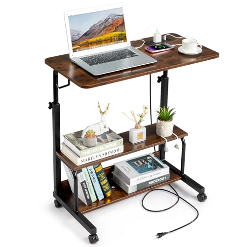 Karl home 31.5" Portable Rolling Desk on Wheels,Height Adjustable Standing Desk with 2 AC Outlets/3 USB Ports,Mobile Laptop Table with Hooks and Storage Shelves for Home Office，Rustic Brown - color: Rustic Brown, size: 31.5"+Power Sockets