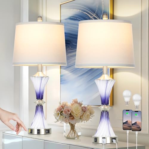 Rinweey Purple Glass Table Lamp Set of 2 with USB C+A Ports & AC Outlet, Bedside Lamp, Modern Bedroom Lamps, Crystal Lamp for Night Stands Bedroom Living Room,Nightstand Lamp LED Bulbs Included - color: Purple