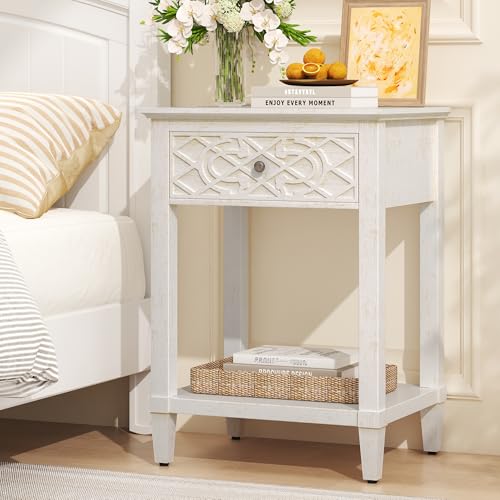26" Night Stand with Drawers, Painted Bedside Table, Solid Wood Nightstand | Pine Leg and Solid Wood Frame Nightstand, Side Table End Table for Bedroom, Carved Pattern, Distressed White - color: Distressed White