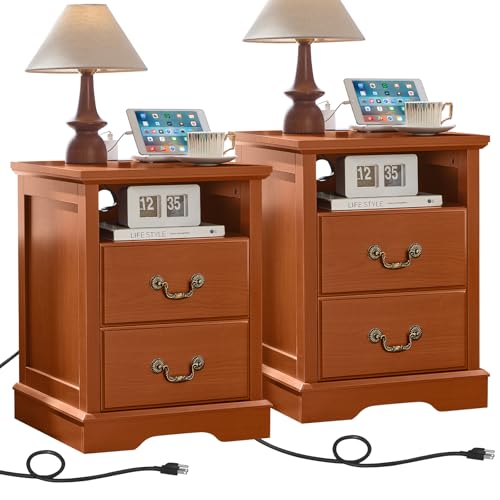 18" Farmhouse Nightstand Set of 2 with Charging Station,Rustic Night Stand, 2 Drawers Bedside Table,End Tables Bedroom with Vintage Handles,Caramel - color: Caramel, size: 2PCS