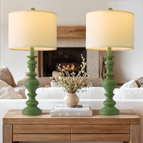 BOBOMOMO 27" Sage Green Table Lamps Set of 2, Large Farmhouse Resin Lamps with Linen Shades, Green Vintage Lamps for Living Room, Bedroom, or Entryway, Rustic Elegant Home Décor - color: Sage Green, size: Large-27"