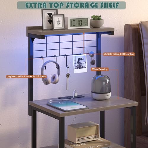 sthmec Tall Nightstands with Charging Station, LED Night Stand Bedsides with 2 Drawers Fabric, Hooks,USB Port and Open Storage Shelves,Tall End Table Bedside for Bedroom,Office, Grey - color: Grey, style: 2 Drawers