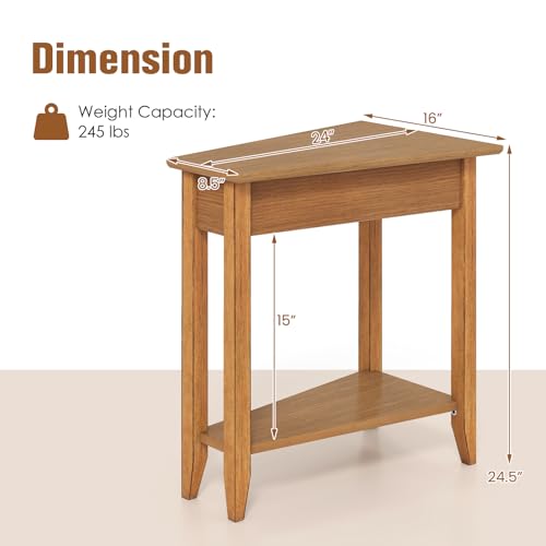 Giantex Wedge End Table, Triangle Side Table with Storage Shelf and Solid Wood Legs, 24.5" Tall Nightstand, Modern Narrow Accent Recliner Table for Small Space Living Room, Walnut - color: Light Walnut
