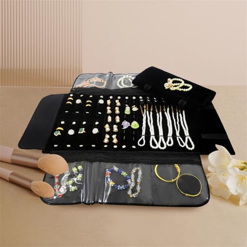 Velvet Travel Jewelry Case Roll Bag Organizer for Necklace Bracelet Earrings Ring - color: Black