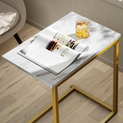 Pipishell C Shaped End Table 27 inches High, Side Table with Modern Marbling Wood Table Top for Couch Slide Under, C Table Sofa Side End Table for Living Room - color: White