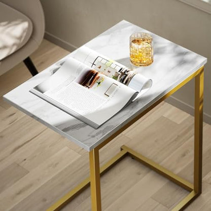Pipishell C Shaped End Table 27 inches High, Side Table with Modern Marbling Wood Table Top for Couch Slide Under, C Table Sofa Side End Table for Living Room - color: White