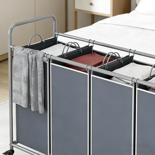 LINZINAR 4 Section Laundry Hamper, Grey Laundry Basket, 180L Laundry Sorter | Laundry Room Organization with Heavy Duty Rolling Lockable Wheels and Removable Bag, Bedroom Laundry Cart for Clothes Storage - size: 4 Bags Grey