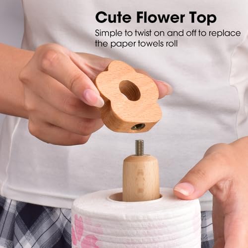 KitchLife Cute Wooden Paper Towel Holder for Countertop with Weighted Base – Solid Freestanding Paper Towel Stand Dispenser with Anti-Slip Base, Flower Top - style: Flower