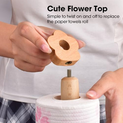KitchLife Cute Wooden Paper Towel Holder for Countertop with Weighted Base – Solid Freestanding Paper Towel Stand Dispenser with Anti-Slip Base, Flower Top - style: Flower