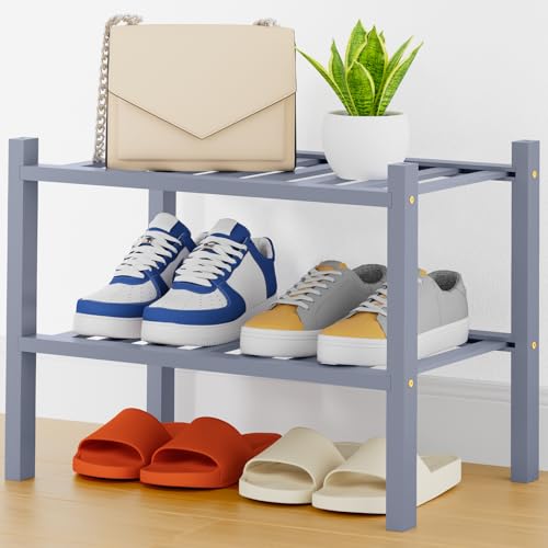Smiry Bamboo Shoe Rack, 14 Vertical Slats, 2 Tier - 17.3" Wide, Grey | Stackable Free Standing Wooden Shoe Organizer, Wood Shoe Storage Shelf for Closet, Entryway, Thicher Leg - color: Grey, size: 17.32" Wide - 2 Tier - Thicker