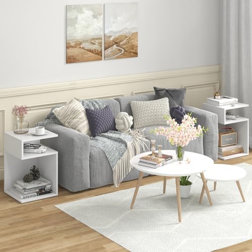 Giantex 3-Tier Side Table, S-Shaped End Table with 2 Open Storage Compartments, Wood Narrow Bedside Table, Modern Nightstand for Bedroom, Living Room, Small Spaces, Easy Assembly, White
