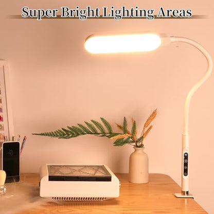 BQAN LED Desk Lamp with Clamp 15W Eye-Caring Clip on Light for Home White | 5 Modes & 9 Brightness | Adjustable Gooseneck | Touch Dimmer | Clamp Desk Design | For Reading, Study, Nail Art, Work - color: White